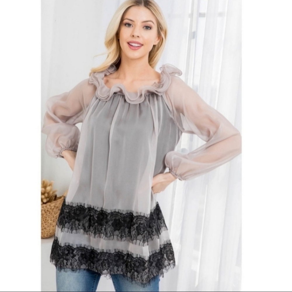 NWT Ryu Mauve Ruffled Neck Flowy Tunic Long Top Blouse w/ Black Floral Lace - Picture 15 of 17